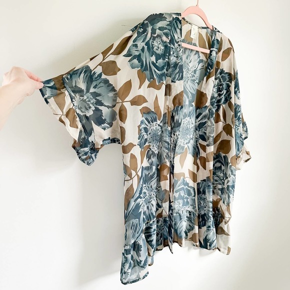 Anthropologie E by Eloise Blue Cream Floral Ruffle Trim Sheer Kimono Robe XS S - Picture 8 of 13